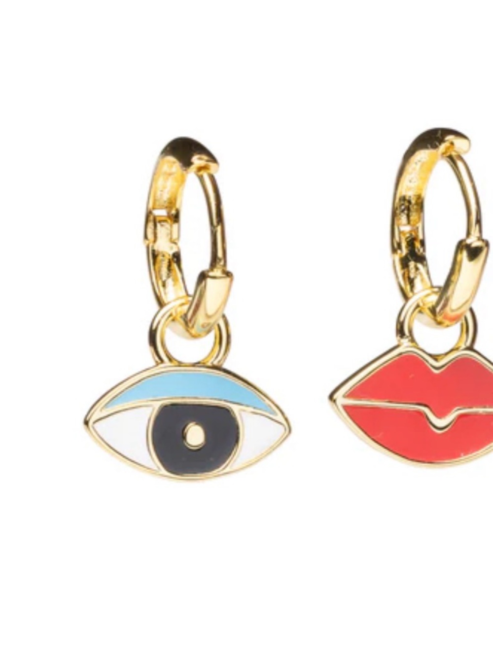 Gold-Tone Hoop Earrings with Blue Eye and Red Lip Charms